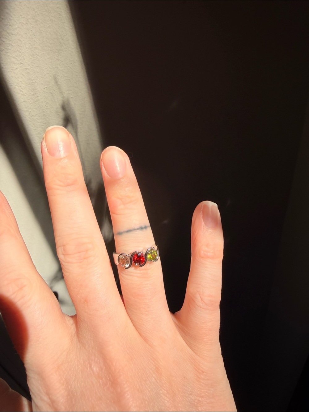 Silver Plated Multistone Wave Ring with Red and Green Gems